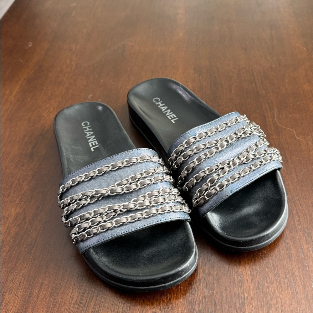 Chanel Black Slide Sandals with Silver Chain